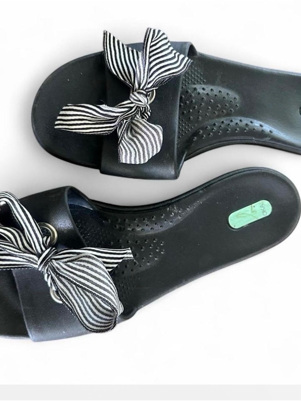 Oka b Black Slide Sandals with Striped Bow - Women's Casual Slides 9/10